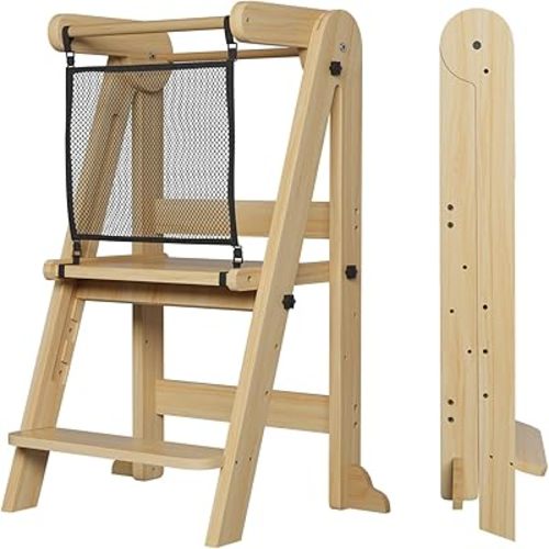ROOMTEC Foldable Toddler Kitchen Tower, 3 Adjustable Height Wooden Learning Stool, Toddler Standing Tower with Safety Net for Kitchen Bathroom Sink Counter (Natural Wood)