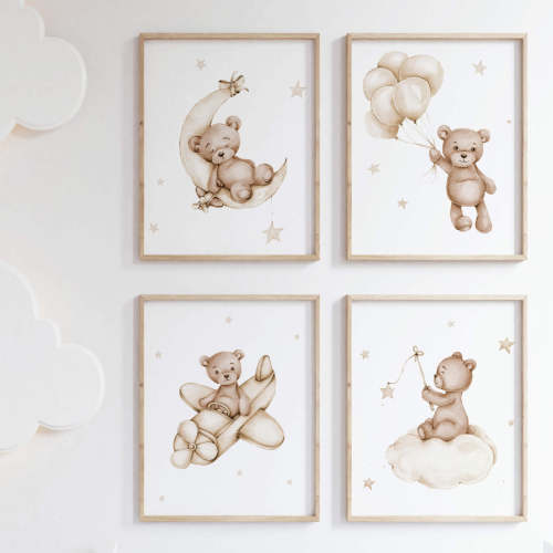Teddy Bear Nursery Prints - All Beige - Set of 4 – Neutral Nursery Decor