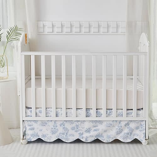 Brandream French Country Toile Crib Skirt, Baby Girl Gender Neutral Crib Skirt Scalloped Toddler Bedskirt Vintage Blue Toile Floral Print 100% Cotton Farmhouse Chic Nursery Crib Bed Skirt
