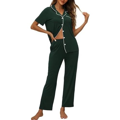 Womens Pajamas Sets 2 Piece Button Up Pj Sets Short Sleeve with Long Pant