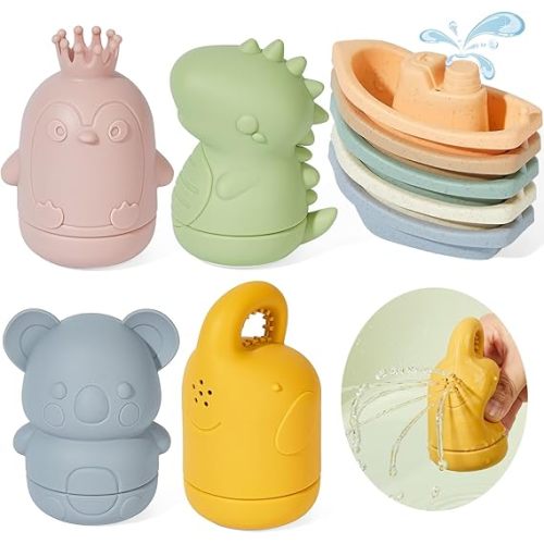 Mold-Free Baby Bath Toys 9PCS | Safe, Easy Clean & Fun Stackable Boats & Silicone Bath Toys for Babies 6-12M & Kids Ages 1-3 | Non-Toxic Bathtub, Pool & Water Table Toys for Babies and Toddlers