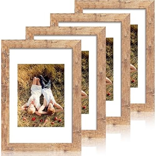 8x12 Picture Frame Set of 4 with High Definition Real Glass, Display 6x8 Pictures with Mat or 8 x 12 Without Mat, Rustic Brown Wood Photo Frames for Tabletop and Wall Mounting