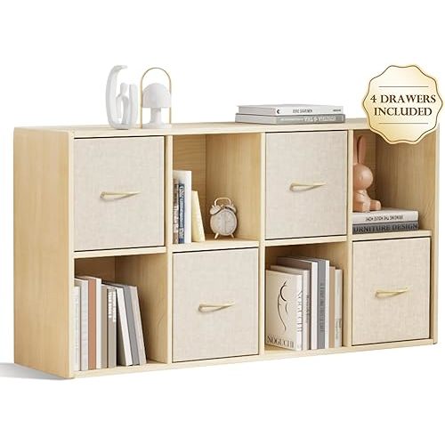 8 Cube Storage Organizer - Solid Wood Bookshelf with 4 Storage Bins, Cube Shelf with 2 Removable Back Panels, Vertical or Horizontal Bookcase, Open Book Shelf for Bedroom, Living Room, Office