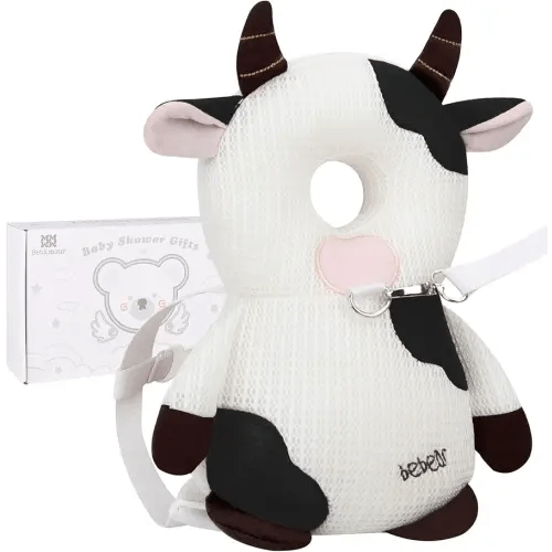 Bebamour Baby Walkers Head Protector Toddler Adjustable Baby Safety Pad Backpack Wear for Crawling with Safety Leash (New White, Cow)