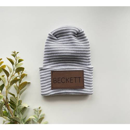Hospital Size Newborn Baby Personalized Faux Leather Patch Beanie // Name Beanie // Laser Engraved