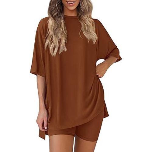 PRETTYGARDEN Women's Two Piece Lounge Set 2025 Summer Casual Oversized Shirts Biker Shorts Matching Airport Travel Outfit