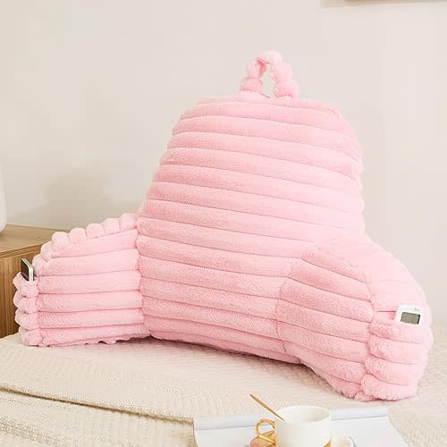Faux Fur Fluffy Pink Reading Pillow with Pockets, Luxury Striped Plush Decorative, Arm Rests and Back Support for Bed Rest, Lounging on Sofa, Extra Large Size for Adult.