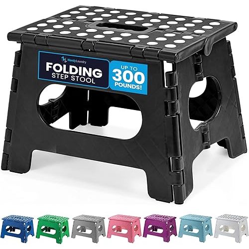 Handy Laundry - Folding Step Stool - Sturdy Enough Collapsible Stool to Support Adults and Safe Enough for Kids - Opens Easy with One Flip - Great for Kitchen, Bathroom or Bedroom (Black - 9 Inch)