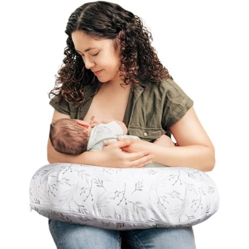 Boppy Nursing Pillow - Ergonomic Bottle & Breastfeeding Pillow with High, Firm, Large Area, Water-Repellent Cushion with Washable Cover; Baby Safety Alliance Verified - Gray Gentle Leaves