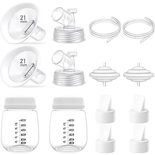 Full Breast Pump Parts with 21mm Oval Soft Rim Flanges and Wide-Mouth Base Connector for Spectra S2 S1 9 Plus SG, Medela, Lansinoh Pumps, Include Flange, Valve, Backflow Protector, Tubing and Bottle