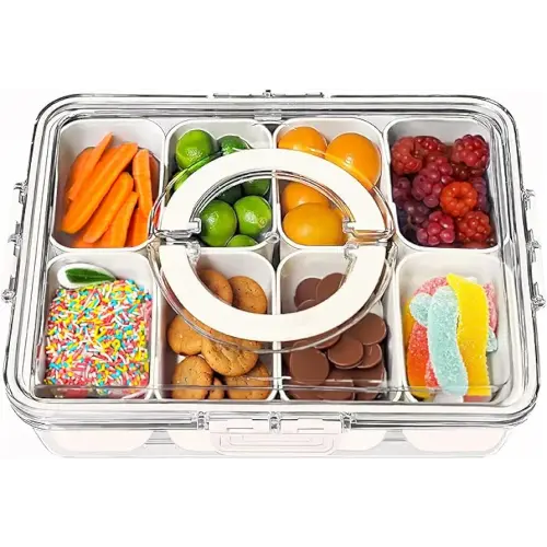 Divided Serving Tray with Lid & Handle - Snackle Box Container/Storage Portability for Parties, Picnics or on-The-go Snacking, This Keeps Yours Snacks, Spices, Veggie, Nuts, Fruits and Chips