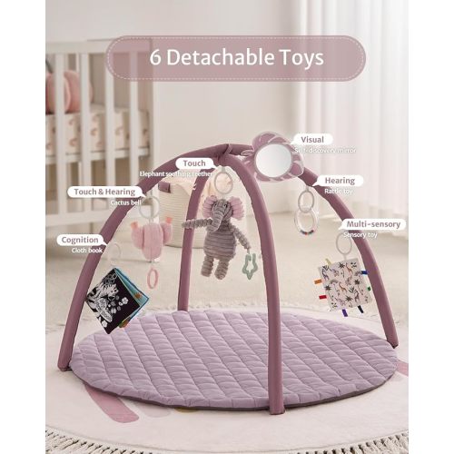 Blissful Diary Baby Play Gym Mat, Tummy Time Mat with 6 Detachable Toys for Stage-Based Sensory & Motor Skill Development, Baby Activity Mat Easy to Install, Baby Essentials Gift, Lavender Pink
