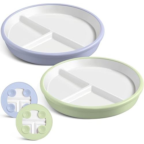 Domensi 8 Inch Porcelain Kids Plates with Anti-slip Silicone Sleeve White Divided Porcelain Plates with Suction for Toddler Microwave & Dishwasher Friendly(Blue, Green,2 Pcs)