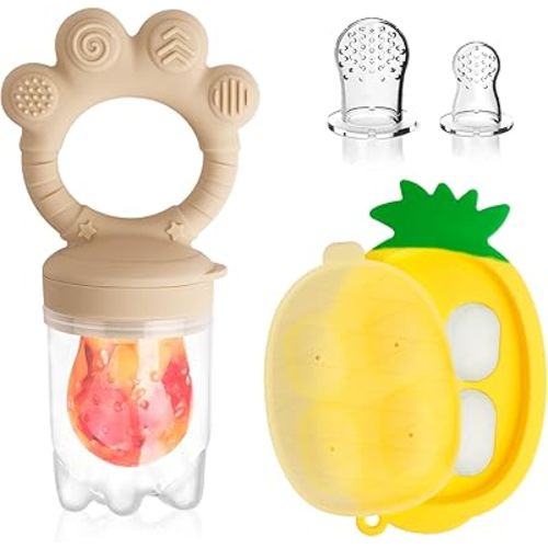 Baby Fruit Food Feeder - Silicone Nibble Tray Combo - Breastmilk Popsicle Mold for Baby Cooling Relief, BPA Free Baby Mesh Feeder for Infant Self Feeding (Claw Beige + Pineapple)