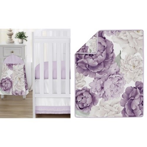 Sweet Jojo Designs Girl Baby Crib Bedding Set - Peony Floral Garden Purple Ivory 4pc