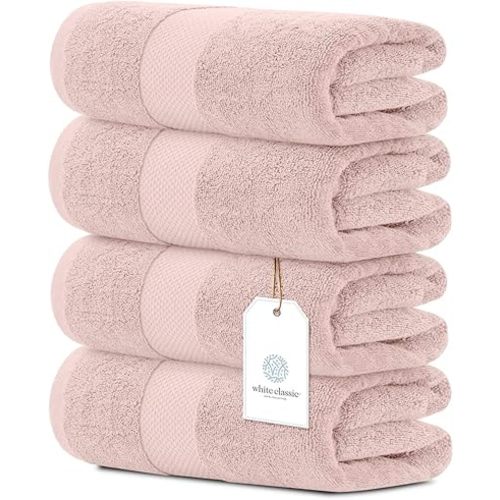 White Classic Luxury Bath Towels Set of 4 Large - 700 GSM Cotton Ultra Soft Bath Towels 27x54 | Highly Absorbent and Quick Dry | Hotel Towels for Bathroom Luxury, Plush Shower Towels, Pink