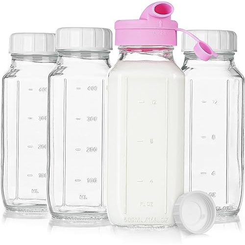 4 Pack 16 Oz Square Glass Milk Bottle with A Silicone Dispenser Cap, Glass Juice Bottles with Airtight Screw Lid, Drinking Bottles with Capacity Marks