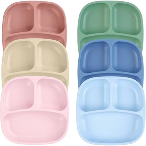 Re-Play Toddler Plates with Dividers - Deep-Walled 3 Compartments Divided Plates for Kids - Dishwasher & Microwave Safe - Made in USA - Set of 6-7.37" x 7.37" x 1.25" - Meadow