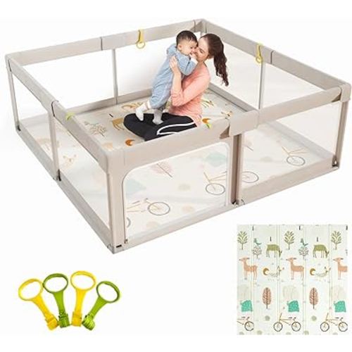 Mloong Baby Playpen with Mat, 59x59 Inches Extra Large Playpen for Babies and Toddlers, Indoor & Outdoor Activity Center, Safety Baby Fence with Gate