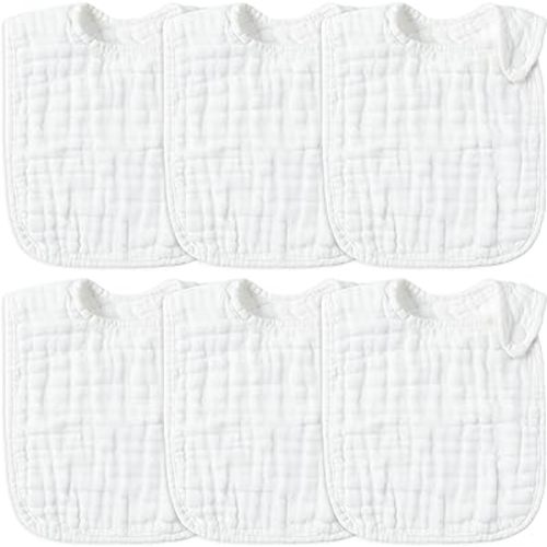Zainpe 6Pcs Snap Muslin Cotton Baby Bibs White Adjustable Drool Bib with 6 Absorbent Soft Layers, Machine Washable Unisex Burp Cloths for 3 to 36 Months Boys Girls Infant Newborn Toddler