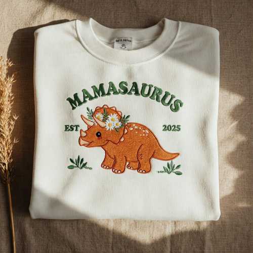 Embroidered Mama Saurus Dinosaur Sweatshirt, Custom Mom EST, Funny Mama Shirt, Personalized Mom Gift, Dinosaur Mom,Birthday Gift for New Mom