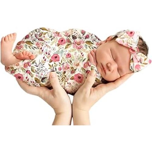 Receiving Blankets for Baby Girls Swaddle Blanket with Headband Set for 0-3 Month Cotton Knitted Newborn Swaddle Wrap Perfect Shower Gift (Pink Flower)