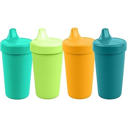 Re-Play Sippy Cups for Toddlers - 10 Oz. Reusable Spill Proof Cups for Kids, Dishwasher/Microwave Safe - Made in USA - Set of 4-3.13" x 6.25" - Aqua Asst.