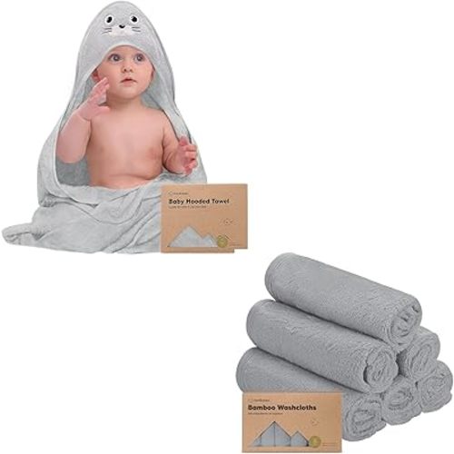 KeaBabies Baby Hooded Towel and 6-Pack Organic Baby Washcloths - Bamboo Viscose Baby Towel - Soft Bamboo Viscose Washcloth - Infant Towels - Baby Wash Cloths - Large Bamboo Viscose Hooded Towel
