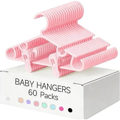 Baby Hangers with Clips (20 Hangers & 40 Clips) Non Slip Kids Hangers for Clothes, Infant & Toddler Space Saving Plastic Hangers with Shoulder Grooves, (60, Pink)