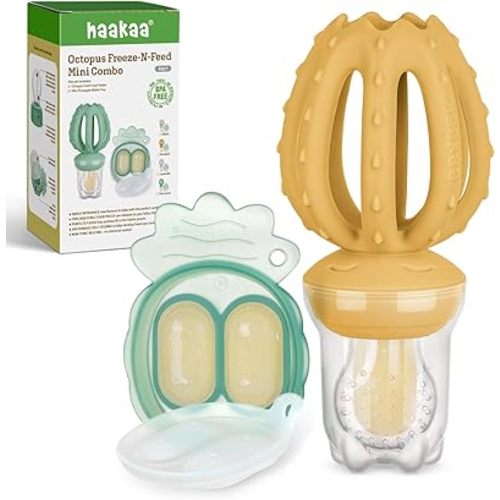 Haakaa Octopus Baby Fruit Food Feeder & Mini Freezer Nibble Tray Combo, Breastmilk Popsicle Molds for Cooling Relief, BPA Free Silicone Feeder for Safe Infant Self Feeding, 4 Month+（Mustard）