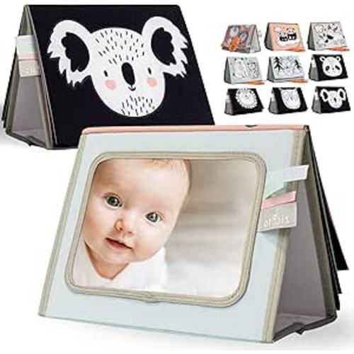 Soft Tummy Time Book w/ Large Stimulating Baby Safe Mirror - Fun High Contrast Montessori Toy w/ Mirror, Crinkle Filling & Silicone Teether - The Perfect Toy For Safe Early Newborn/Infant Development
