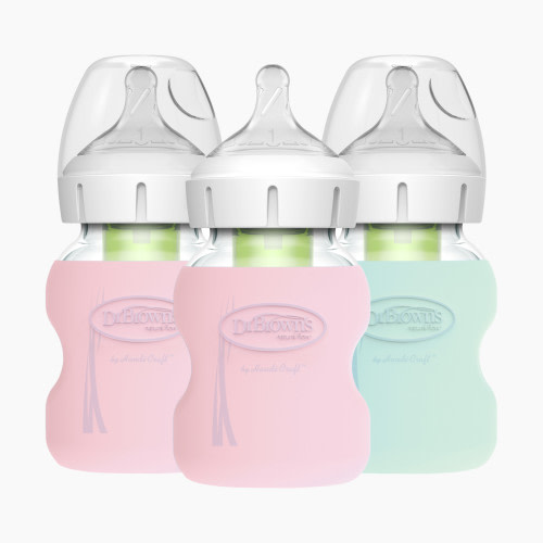Dr. Brown's Anti-Colic Options+ Wide-Neck Glass Baby Bottle with Protective Sleeve - Pink/Mint, 5 Oz