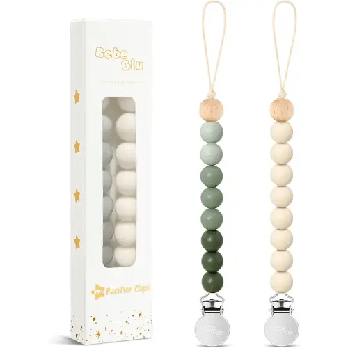 2 Pack Pacifier Clips, Silicone Pacifier Clip for Baby Boys and Girls, Baby Pacifier Strap with Silicone Beads, Soother Dummy Holder, Pacifier Holder, Keeps Pacifier Clean (Olive/Cream)