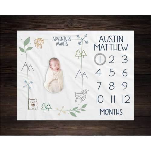 Adventure Awaits Baby Milestone Blanket, Woodland Milestone Blanket, Personalized Baby Blanket, Today I Am Baby Blanket, Baby Boy Blanket