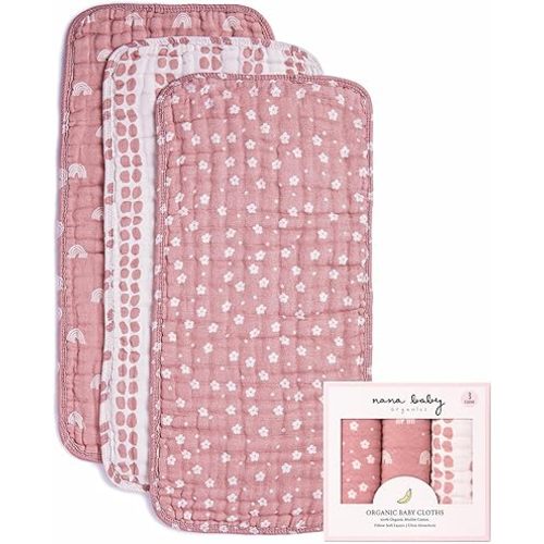 Nana Baby Burp Cloths – 100% Organic Cotton, Oversized & Hypoallergenic, 8-Layer Muslin, Machine Washable, Neutral Unisex Colors, Gentle on Sensitive Skin, Set of 3 (Pink)