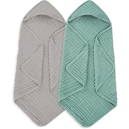 Muslin Hooded Baby Towels 100% Cotton ，Super Soft Muslin Baby Bath Towel - 32 x 32 Inches, Suitable for Newborn and Young Children up to 3 Years Old. (Grey & Green)
