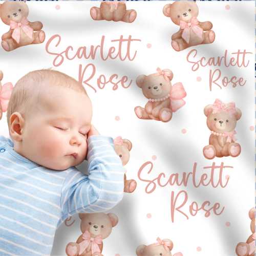 Pink Bow Personalized Blanket, Custom Teddy Bear Baby Blanket, Shower Gift, Baby Girl Nursery Blanket, Crib Blanket, Photos Prop, Coquette