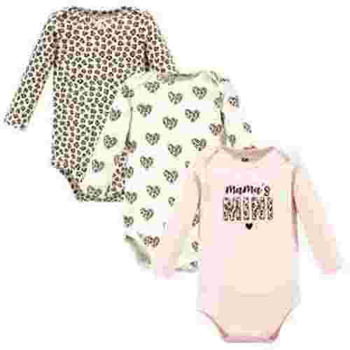 Hudson Baby Infant Girl Cotton Long-Sleeve Bodysuits, Leopard Hearts 3 Pack, 9-12 Months