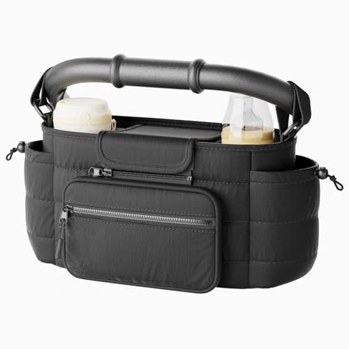 Stroller Organizer Caddy with Insulated Cup Holder & Detachable Phone Purse, Lightweight Universal Stroller Caddy for Busy Moms - Black