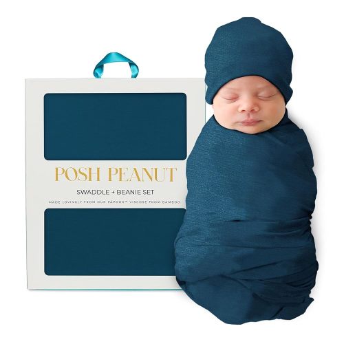 Posh Peanut Swaddle Blanket + Beanie Set - Soft Newborn Swaddle Doubles As a Stroller, Receiving Blanket & Nursing Cover - Matching Breathable Baby Swaddles & Beanies for Everyday (Sailor Blue)