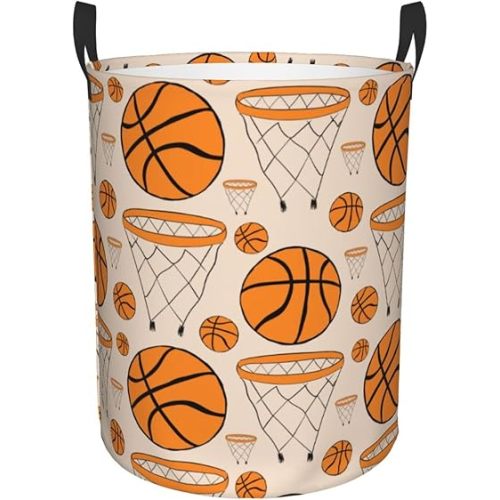 Basketball Balls Sport Theme Round Laundry Hamper Storage Basket Toys Clothes Organizer Bin For Home Bathroom Bedroom Dorm Nursery, 38l
