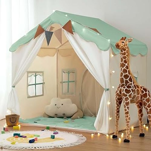 BESREY Kids Play Tent - 2 in 1 with Padded Mat & Lights, Large Playhouse with 2 Doors & 4 Windows, Indoor & Outdoor, Christmas Toddler Play Tent, 51" x 35" x 51