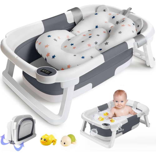 Morfone Collapsible Baby Bathtub for Newborn with Thermometer & Soft Cushion, Portable Travel Baby Tub for Infant to Toddler 0-36 Months, Gray
