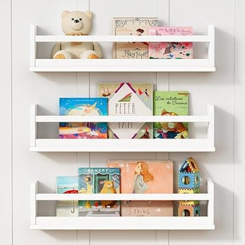 Upgraded White Floating Wall Bookshelf for Kids Room, Kids Bookshelf Wall Mounted with Hanging Rod for Baby Children Bedroom, Large Wall Bookshelves Nursery Book Shelves - 24 Inch Wide