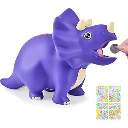 Dinosaur Piggy Bank for Kids, Unbreakable Plastic Money Coin Bank for Boys and Girls, Great Gifts for Birthday, Easter, Christmas (Purple)