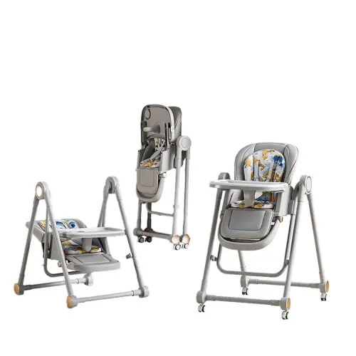 Multi Functional All in 1 Baby High Chair Reclining Foldable Rocking 8 Level Height Adjustment Eco Friendly Washable PU Cushion Ultimate Baby Feeding Chair (Gray)