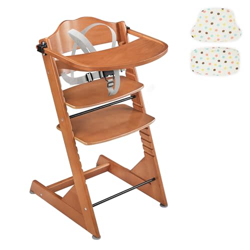 Curipeer 3-in-1 Convertible Wooden Toddler High Chair, Baby Feeding Chair with Removable Tray, Cushion and Harness, Brown