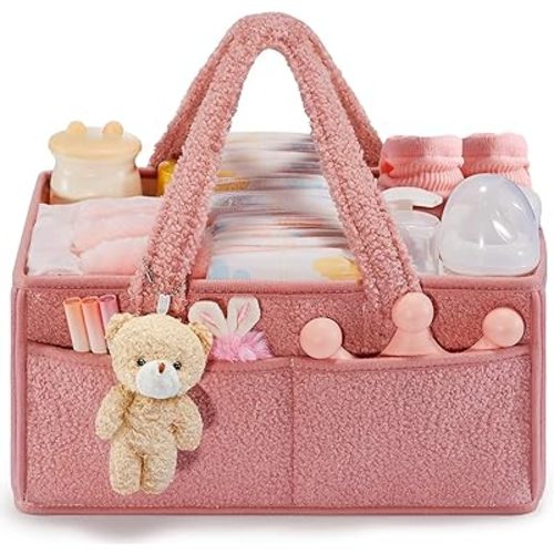 FIDOSTRIBE™ Baby Diaper Caddy with Handle, Portable Baby Diaper Caddy Organizer for Changing Table, Car Caddy Organizer, Large Diaper Storage Capacity (Pink)
