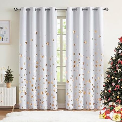 White Gold Full Blackout Curtains for Bedroom Thermal Insulated Foil Star Kids Curtains for Boys Room Grommet Top Window Treatment 2 Panels Drapes for Nursery (50" W x 63" L, White/Gold)