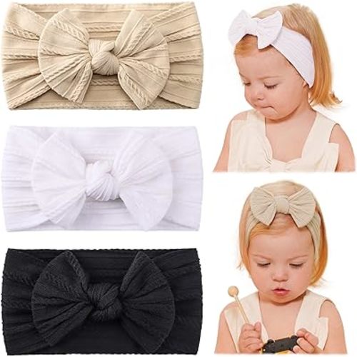 jollybows Baby Girl Headband Bows Nylon Head Wraps Newborn Hairbands Infant Toddler Hair Bow (6- Black White Khaki)